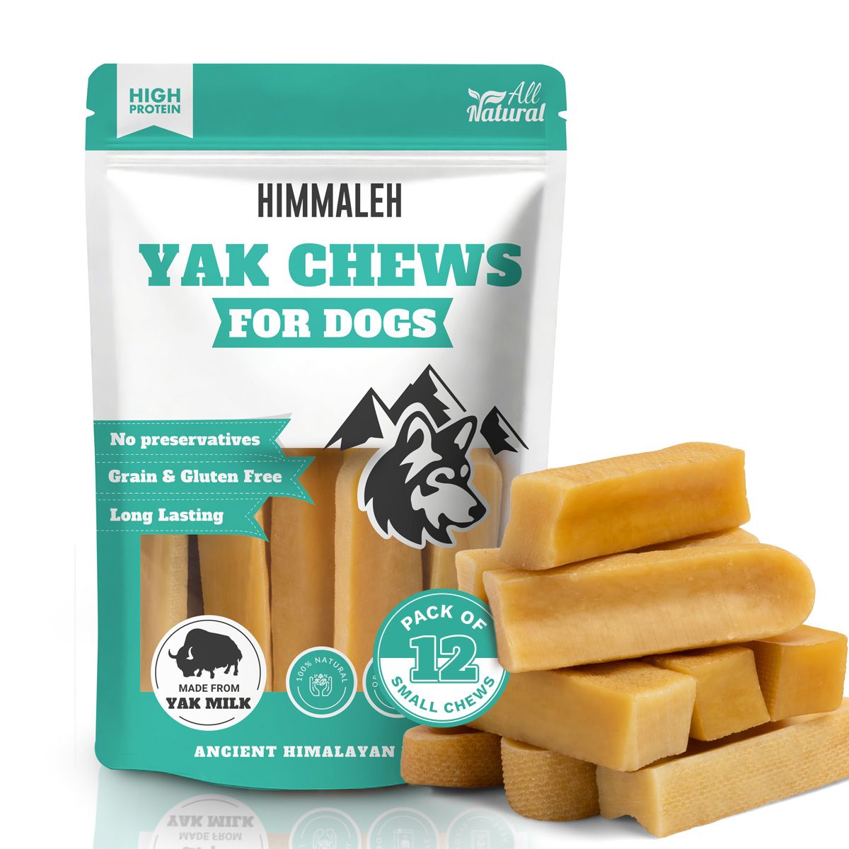 Himalah Yak Chews for dogs packaging with yak chews displayed.