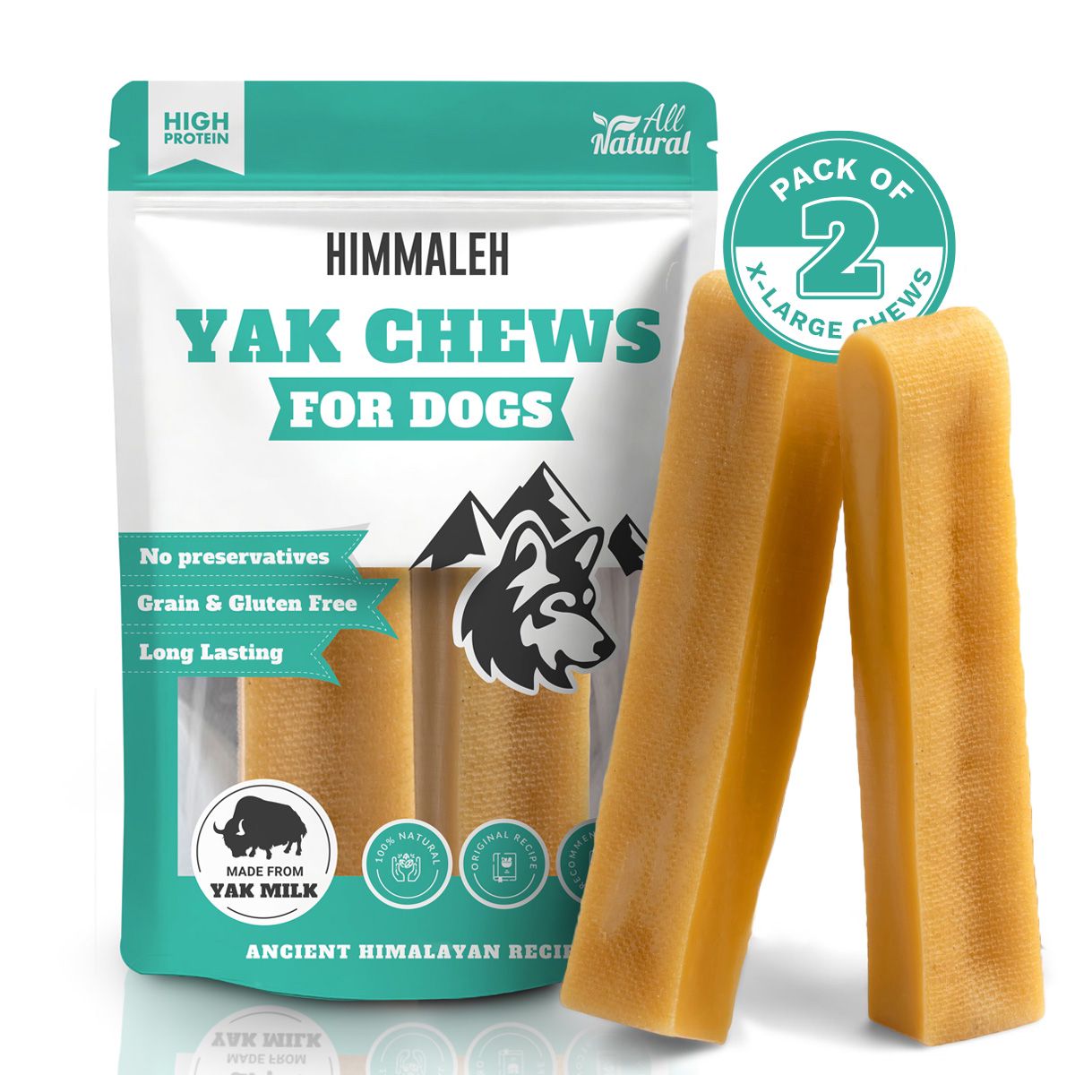 Himalah Yak Chews for dogs packaging with two chews displayed in front.