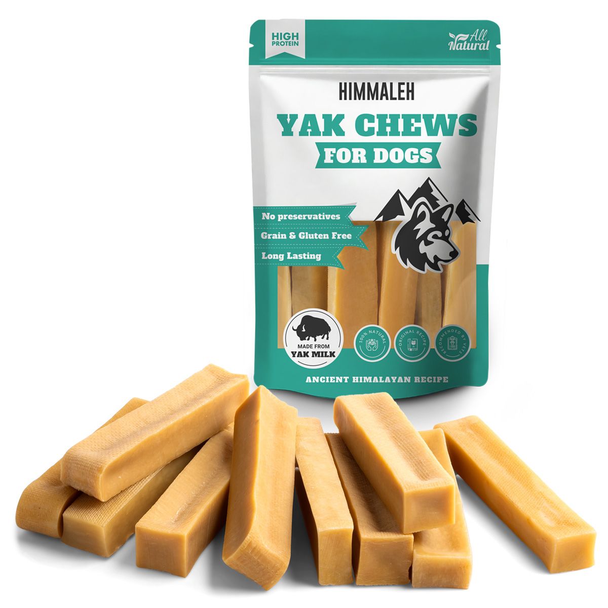 Himalah Yak Chews for dogs packaging with yak chews in front on a white background
